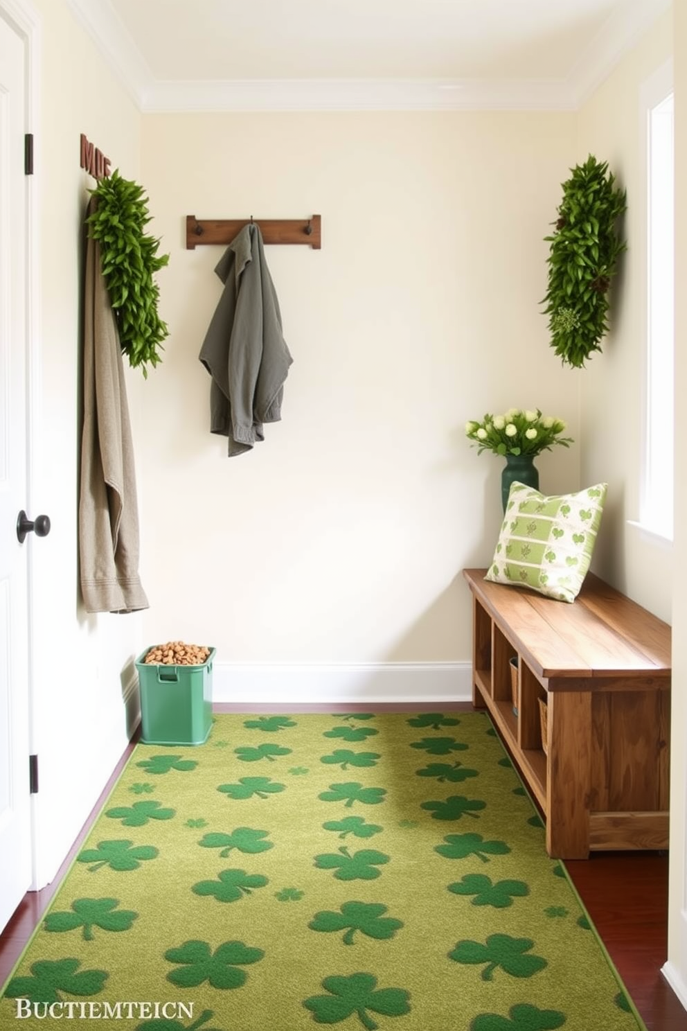 A charming mudroom adorned with a shamrock-patterned rug that adds a festive touch for St. Patrick's Day. The walls are painted a soft cream, and a rustic wooden bench with storage cubbies sits against one side, complemented by green and gold decorative accents.