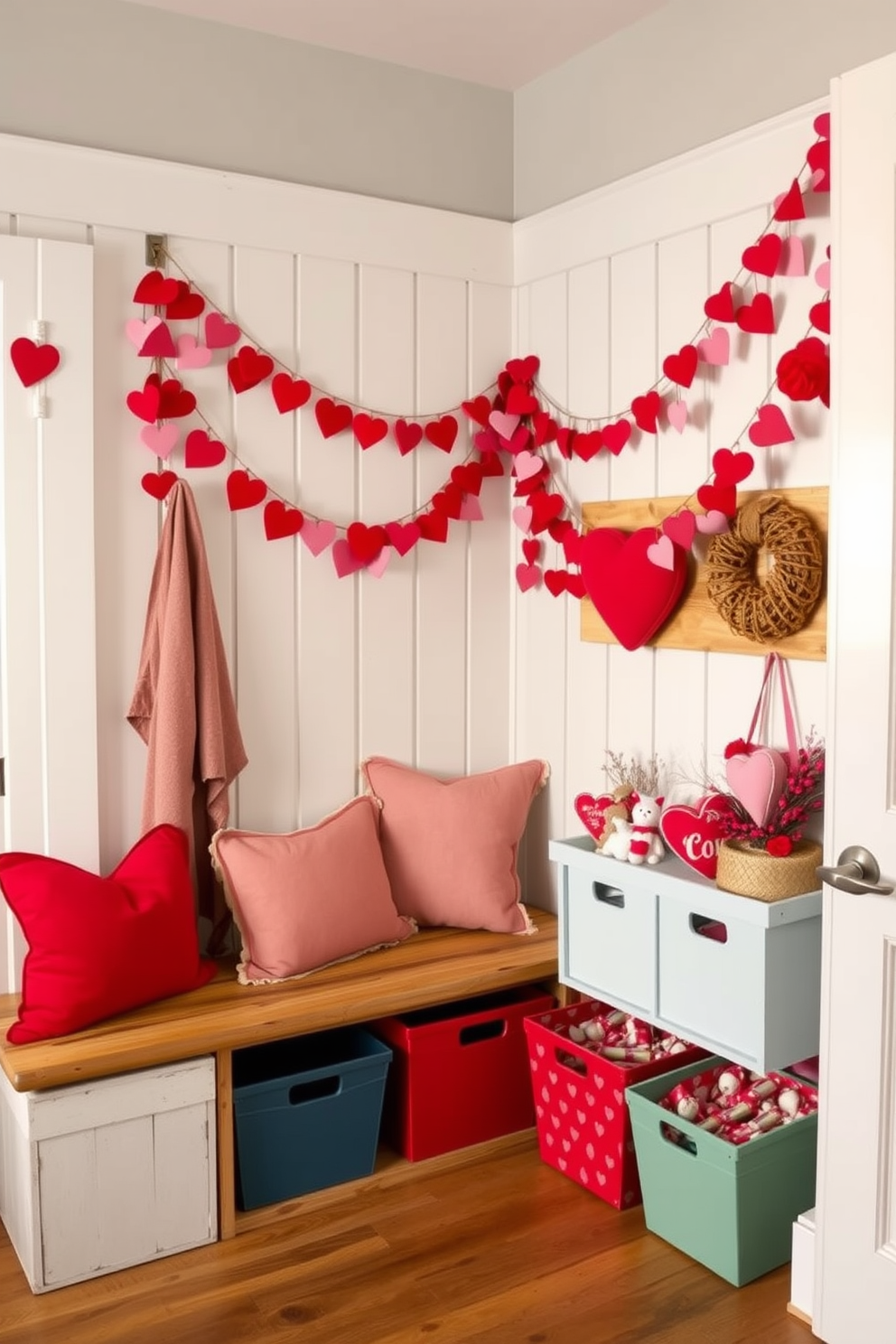 A cheerful mudroom adorned with red and pink heart garlands draped across the walls, creating a festive atmosphere for Valentine's Day. The space features a rustic wooden bench with plush cushions, and a collection of colorful storage bins filled with seasonal decorations.