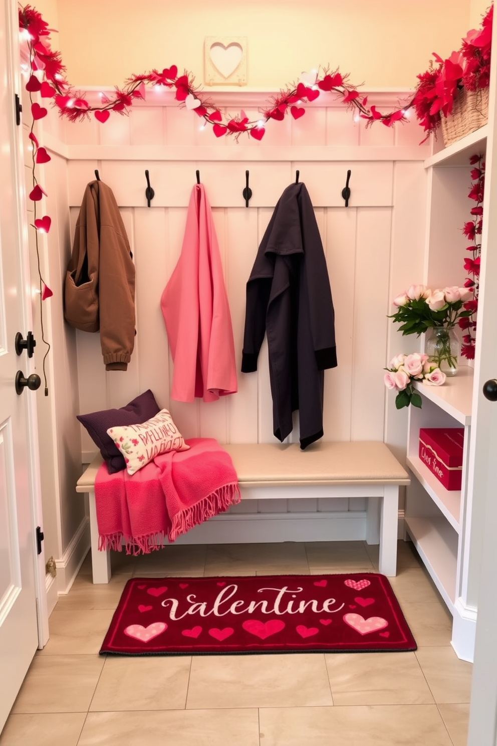 A charming Valentine's themed doormat welcomes guests with a playful design featuring heart motifs in shades of red and pink. The mat is placed in a well-organized mudroom, surrounded by hooks for coats and a bench for shoes, all accented with soft, romantic lighting. Incorporate festive Valentine's Day decorations in the mudroom, such as heart-shaped garlands draped along the walls and a cozy throw blanket in pink hues on the bench. A small vase filled with fresh roses sits on a nearby shelf, adding a touch of elegance to the space.