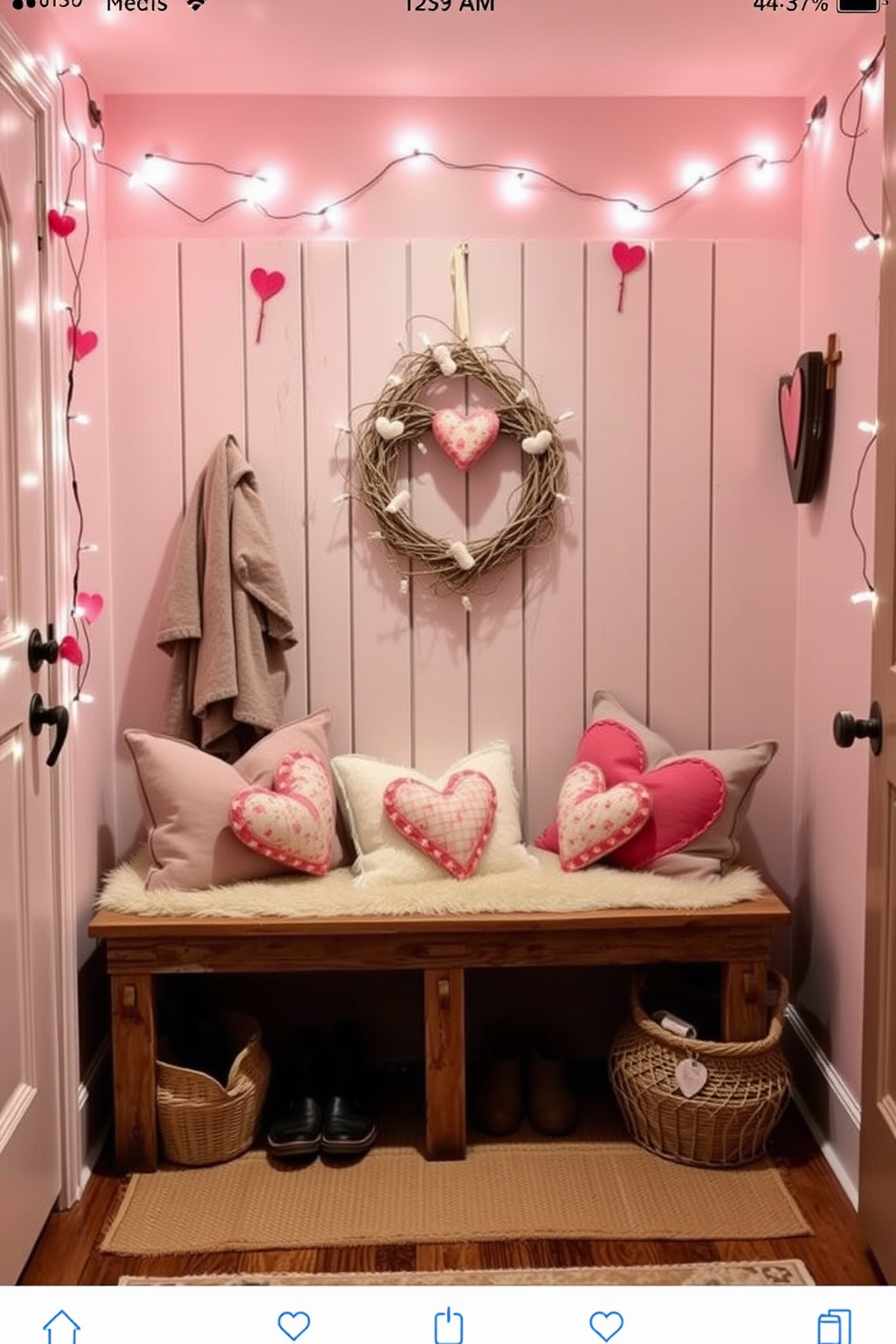 A cozy mudroom adorned with heart-shaped string lights creates a warm and inviting atmosphere. The walls are painted in soft pastels, and a rustic bench lined with plush cushions provides a perfect spot for removing shoes. To enhance the Valentine's Day theme, decorative heart-shaped pillows are scattered on the bench. A charming wreath made of twigs and fabric hearts hangs on the door, adding a festive touch to the space.