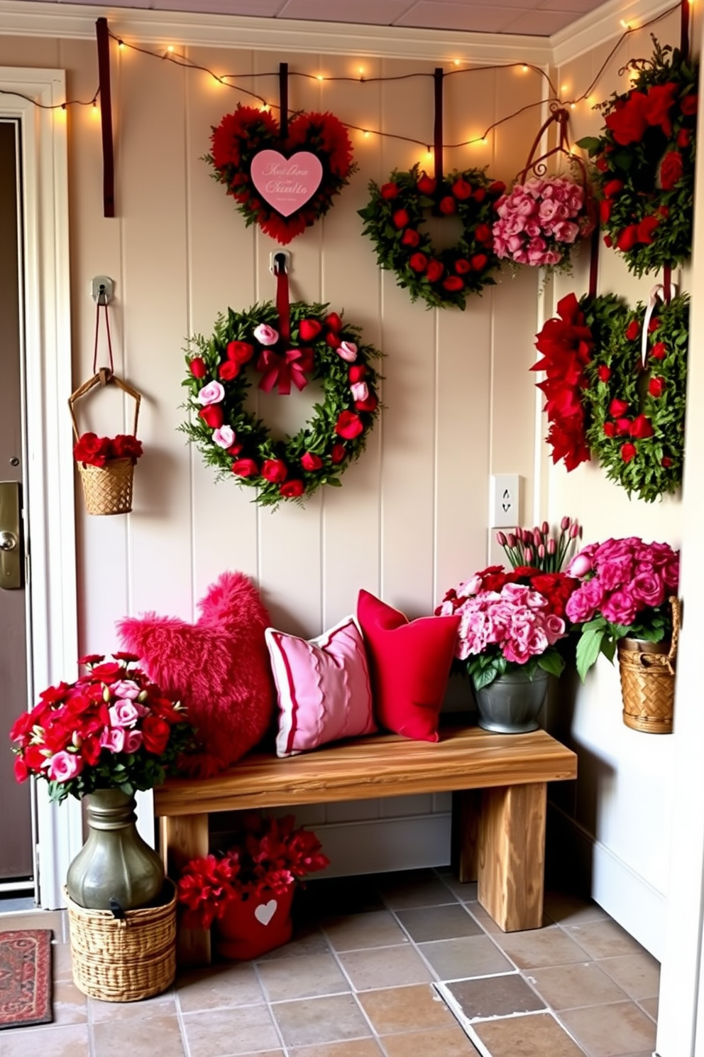 A charming mudroom adorned for Valentine's Day features a rustic bench with plush red and pink cushions, surrounded by vibrant floral arrangements in various shades of red and pink. The walls are decorated with heart-shaped wreaths and string lights, creating a warm and inviting atmosphere perfect for the season.