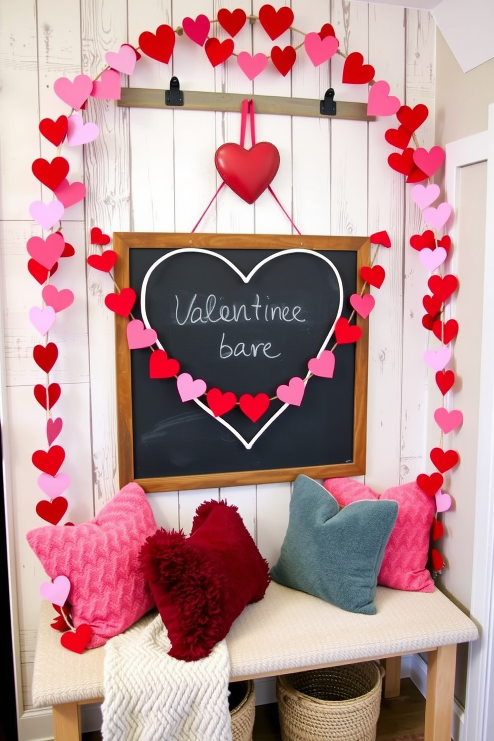 A charming mudroom decorated for Valentine's Day features a heart-shaped chalkboard mounted on a rustic wooden wall. The chalkboard is surrounded by festive garlands of red and pink hearts, with a cozy bench adorned with plush throw pillows in coordinating colors.