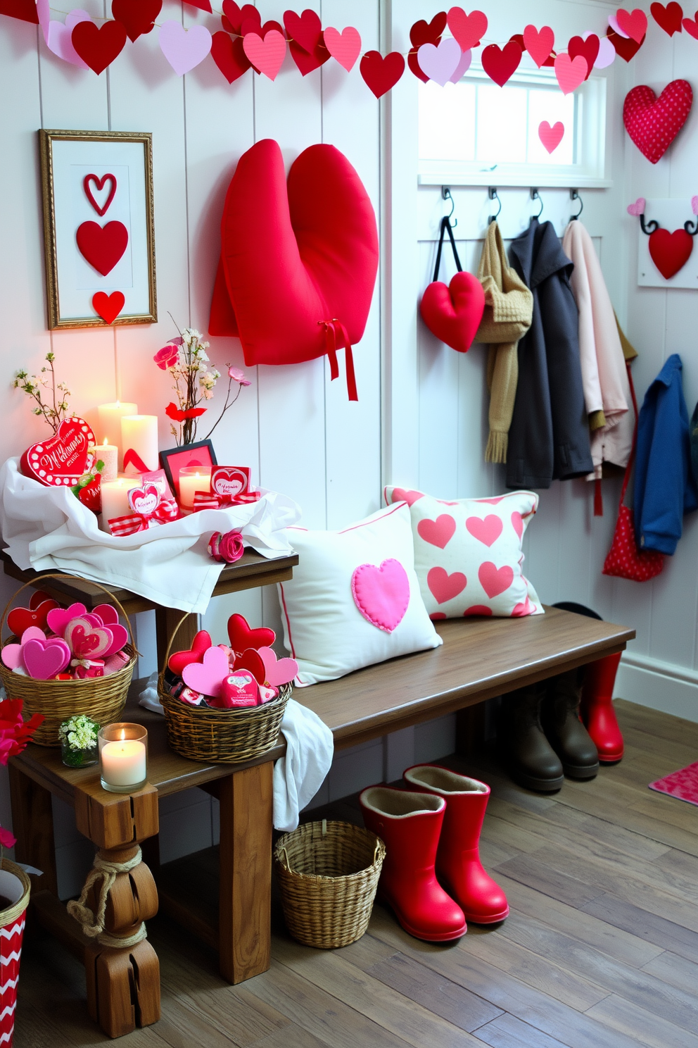 A charming display of Valentine's Day themed baskets filled with an assortment of red and pink treats, nestled among soft white linens. Each basket features heart-shaped decorations and is arranged on a rustic wooden table, surrounded by flickering candles and fresh flowers. A cozy mudroom adorned with Valentine's Day decorations, showcasing a welcoming bench covered in heart-patterned pillows. The walls are embellished with garlands of paper hearts, and a colorful assortment of boots and jackets adds a playful touch to the space.