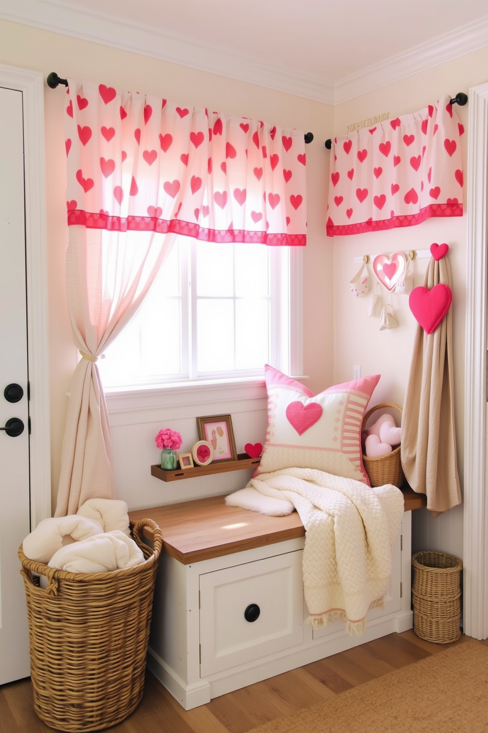 A cozy mudroom adorned with heart-patterned curtains that softly filter the light, creating a warm and inviting atmosphere. The walls are painted in a soft pastel hue, and a rustic bench with storage underneath offers a practical yet charming touch for seasonal decor. Valentine's Day decorations are tastefully arranged throughout the space, featuring subtle heart motifs and romantic accents. A woven basket filled with cozy blankets sits beside the bench, inviting guests to relax and enjoy the festive ambiance.