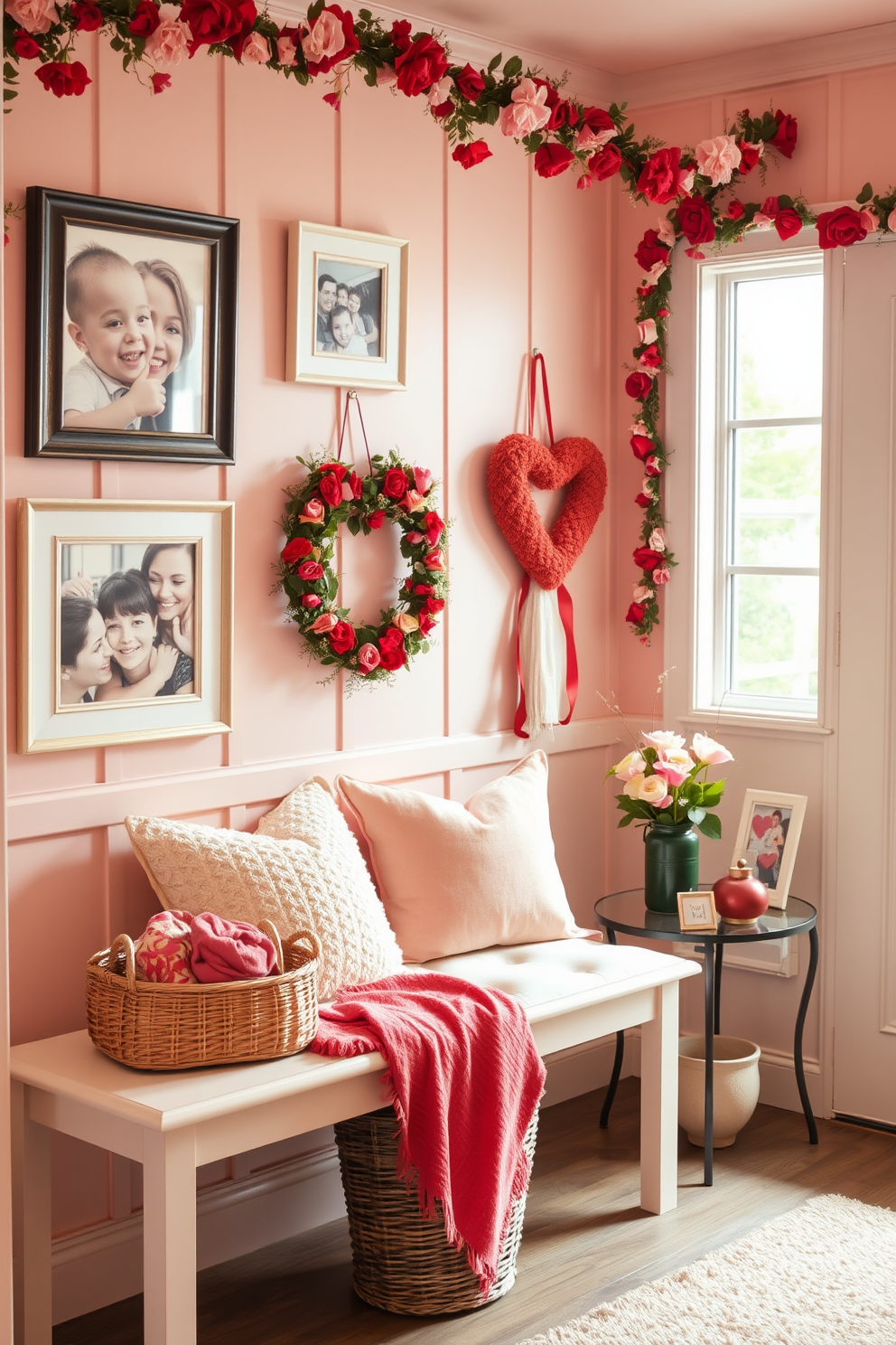 A cozy mudroom adorned with love-themed picture frames, showcasing cherished memories in elegant designs. The walls are painted in soft pastel colors, and a bench with plush cushions invites guests to sit and remove their shoes. Valentine's Day decorations add a festive touch, with heart-shaped wreaths hanging on the door and garlands of red and pink flowers draping the walls. A charming display of seasonal accents, such as a basket filled with cozy blankets and a small table featuring heart-themed decor, creates a warm and inviting atmosphere.