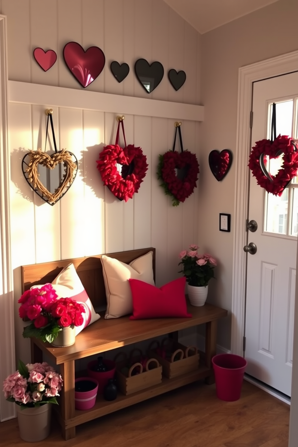 A charming mudroom decorated for Valentine's Day features heart-shaped mirrors adorning the walls, reflecting warm natural light. The space includes a rustic bench with plush cushions, surrounded by decorative elements like heart-shaped wreaths and vibrant potted flowers.