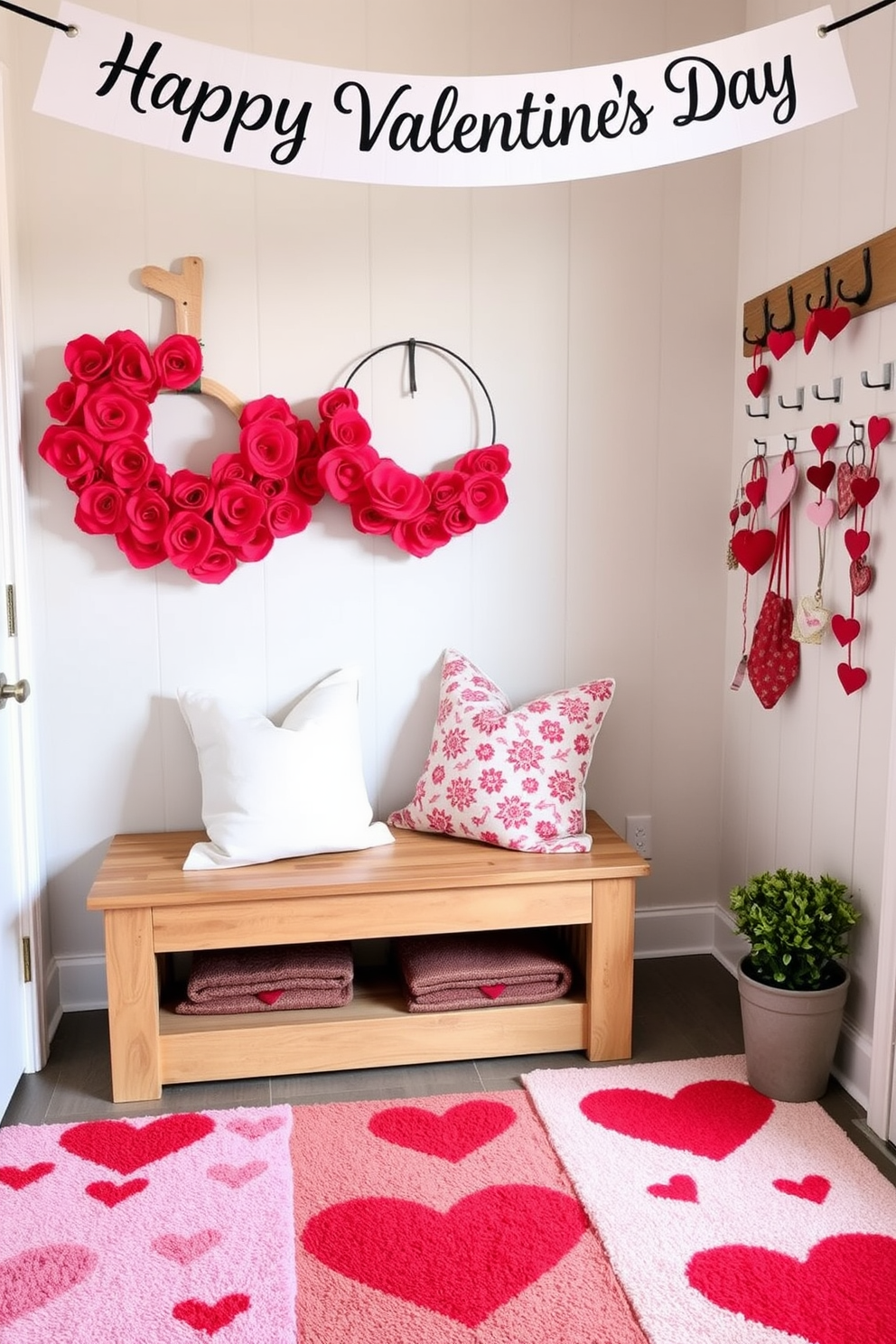 A cozy mudroom adorned with Valentine's Day themed rugs, featuring heart patterns in shades of red and pink. The space includes a rustic wooden bench with soft throw pillows and a decorative wreath made of faux roses hanging on the wall. To the right, a set of hooks displays colorful heart-shaped keychains, while a small potted plant adds a touch of greenery. A cheerful banner with 