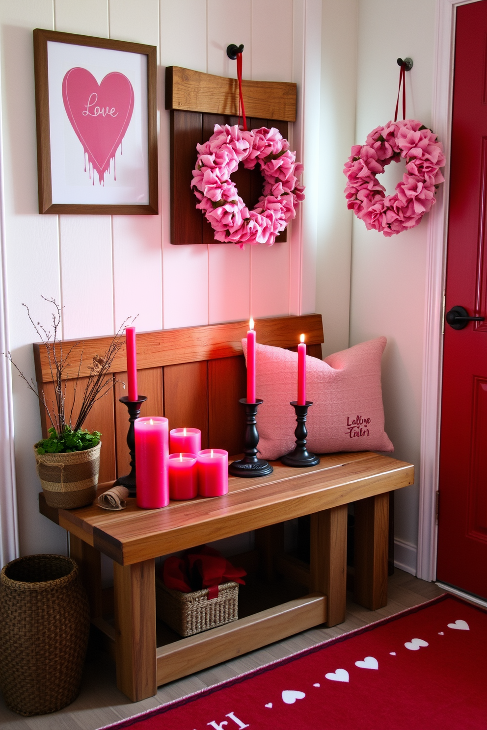 A cozy mudroom decorated for Valentine's Day features a collection of red and pink candles arranged on a rustic wooden bench. The walls are adorned with heart-themed artwork, and a charming wreath made of pink flowers hangs on the door, welcoming guests with a festive touch.