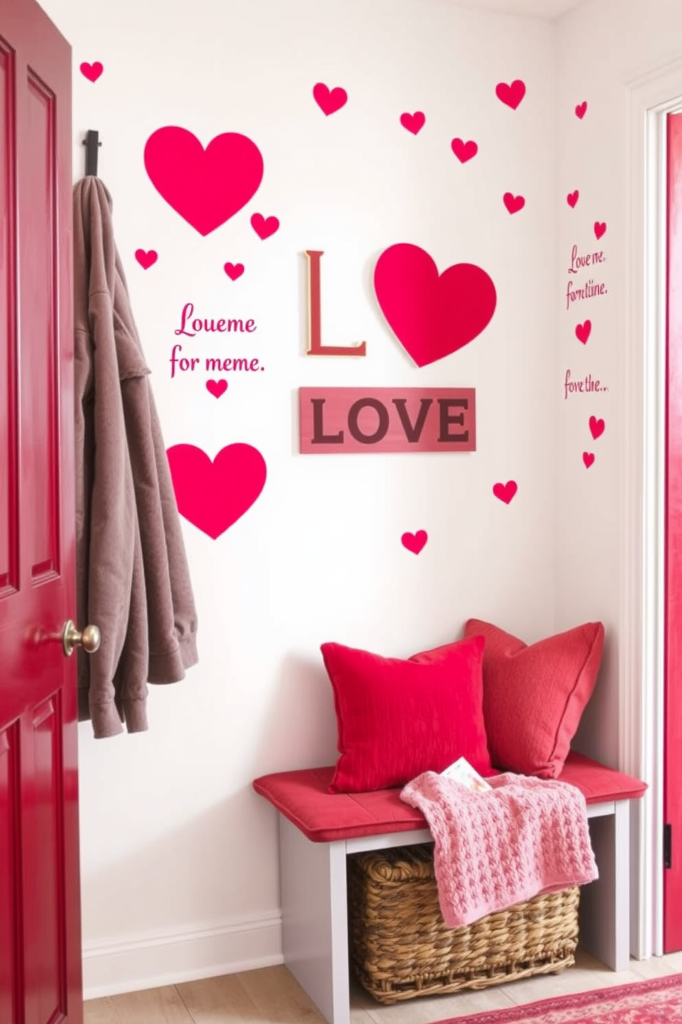 A charming mudroom decorated for Valentine's Day features love-themed wall decals that add a playful touch to the space. The decals showcase hearts and romantic phrases, creating a warm and inviting atmosphere. Incorporate a cozy bench with plush cushions in shades of red and pink, providing a comfortable spot for putting on shoes. A decorative storage basket filled with seasonal items enhances the functionality while maintaining the festive theme.