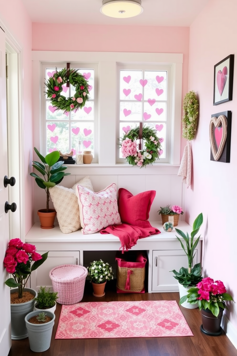 A charming mudroom decorated for Valentine's Day features heart-shaped window clings that add a playful touch to the space. The walls are painted in soft pastel colors, and a cozy bench adorned with plush cushions invites guests to sit and remove their shoes. On the floor, a patterned rug in shades of pink and red complements the decor, while a collection of potted plants brings life to the room. Decorative accents like heart-themed wall art and seasonal wreaths complete the inviting atmosphere, making it a perfect entryway for the holiday.