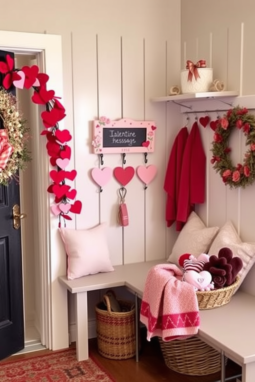 A charming Valentine's themed key holder is displayed in a cozy mudroom. The key holder features heart-shaped hooks painted in a soft pastel pink, surrounded by delicate floral accents and a small chalkboard for messages. The mudroom is adorned with festive decorations, including a garland of red and pink hearts draped across the entrance. A cozy bench with plush cushions invites guests to sit, while a decorative basket holds seasonal items like scarves and gloves, all in coordinating colors.