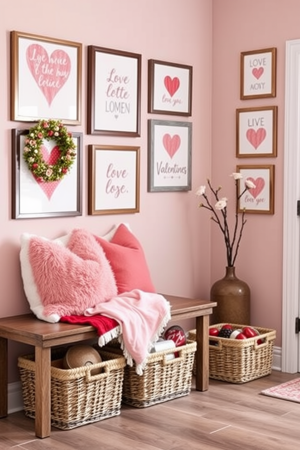 A romantic mudroom adorned with love-themed wall art. The walls showcase a series of framed prints featuring heart motifs and inspirational quotes in soft pastel colors, creating an inviting atmosphere. To enhance the Valentine's Day spirit, a cozy bench is placed against one wall, draped with plush throw pillows in shades of pink and red. Decorative storage baskets filled with seasonal items are neatly arranged beneath the bench, adding both functionality and charm to the space.