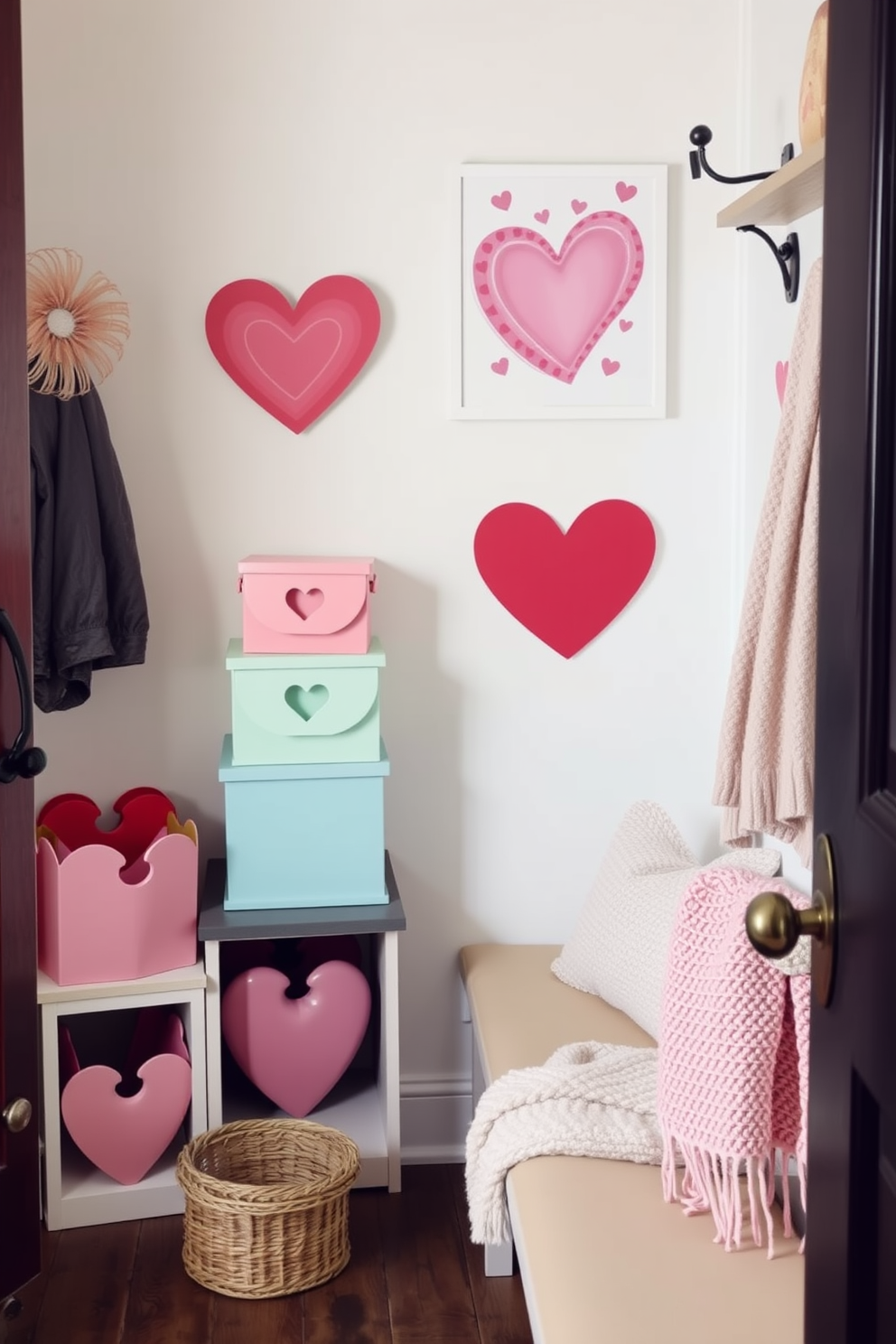 A charming mudroom decorated for Valentine's Day, featuring heart-shaped storage boxes in soft pastel colors stacked neatly in the corner. The walls are adorned with whimsical heart-themed artwork, and a cozy bench is draped with a plush throw, inviting warmth and style.