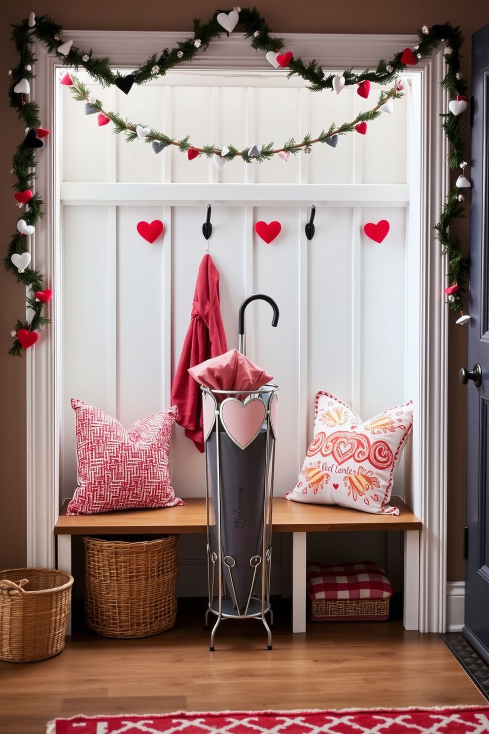 A Valentine's themed umbrella stand is placed near the entrance, featuring a charming heart-shaped design in soft pink and red hues. Surrounding the stand, a cozy mudroom is adorned with decorative elements like heart garlands and cheerful throw pillows in festive colors.