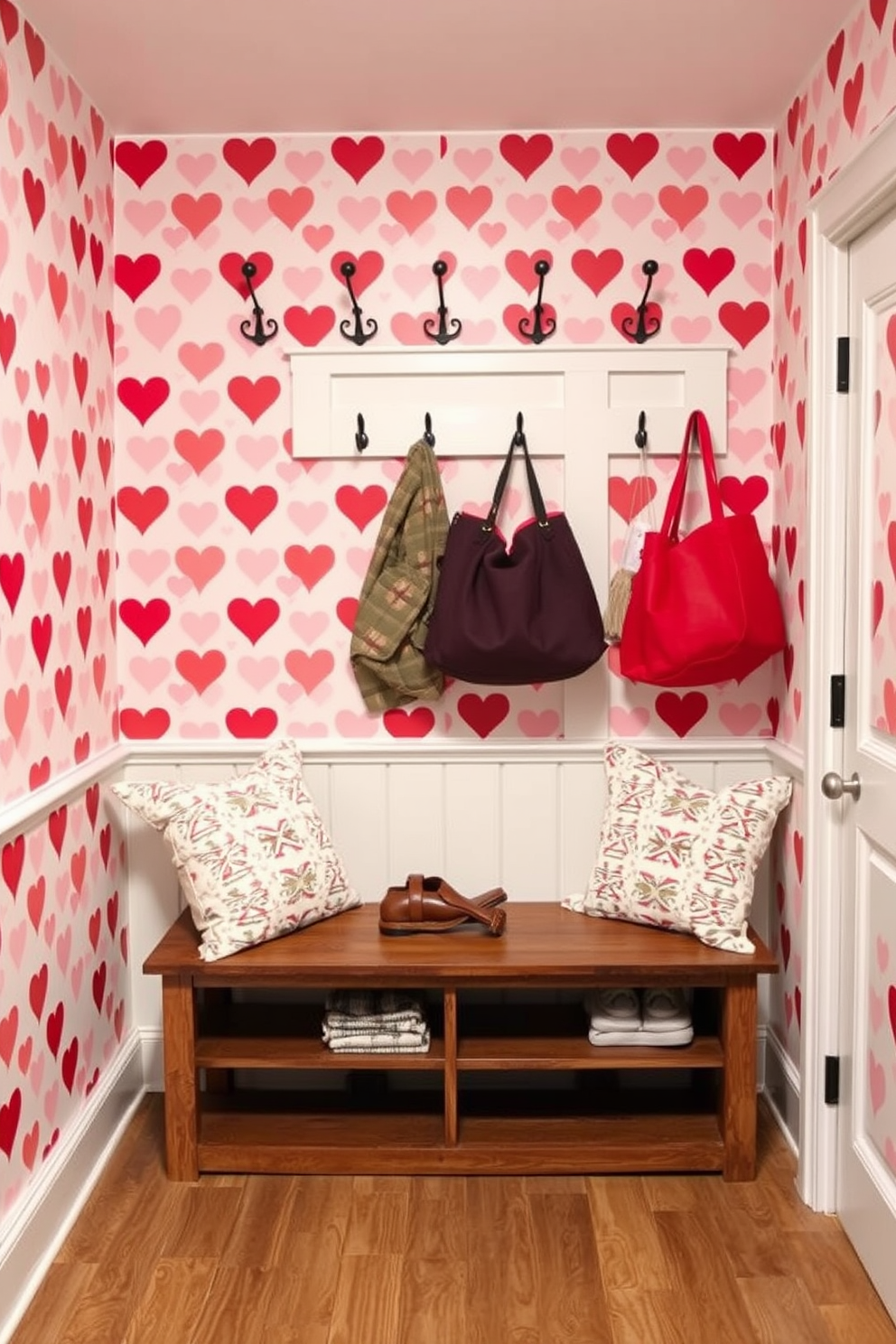 A cozy mudroom adorned with heart-patterned wallpaper that adds a festive touch for Valentine's Day. The space features a wooden bench with plush cushions, and hooks above for hanging coats and bags, creating an inviting and functional entryway.