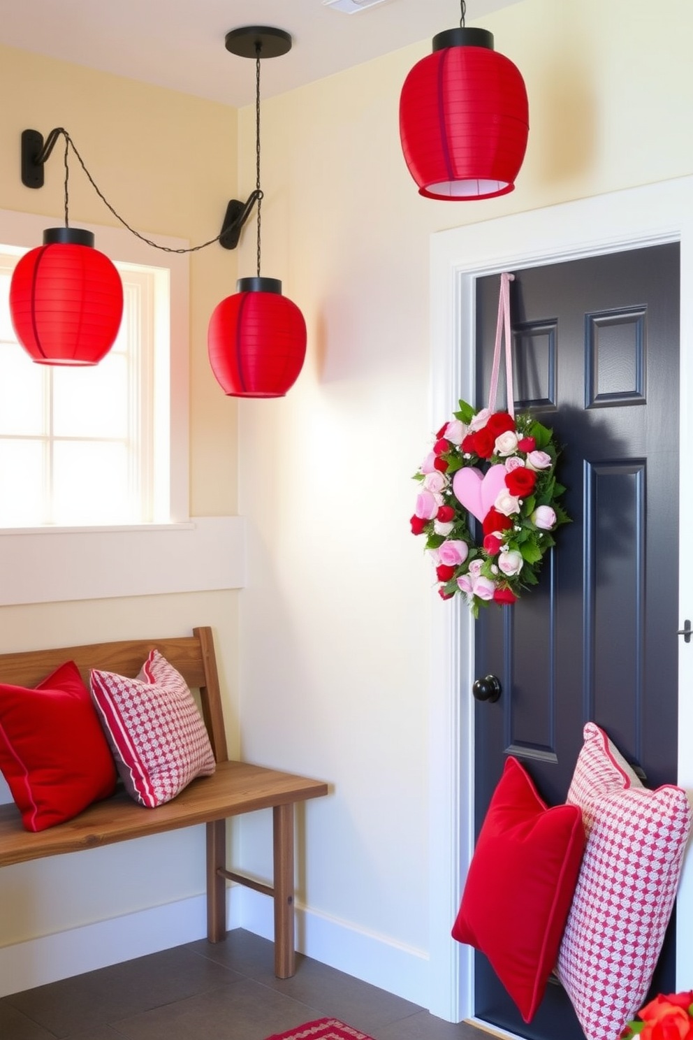 A charming mudroom adorned with red and pink lanterns creates a festive atmosphere for Valentine's Day. The walls are painted a soft cream, and a rustic wooden bench is positioned against one side, topped with cozy throw pillows in coordinating colors. Hanging from the ceiling are clusters of red and pink lanterns, casting a warm glow throughout the space. A decorative wreath made of faux flowers and hearts is placed on the door, welcoming guests with a touch of seasonal cheer.