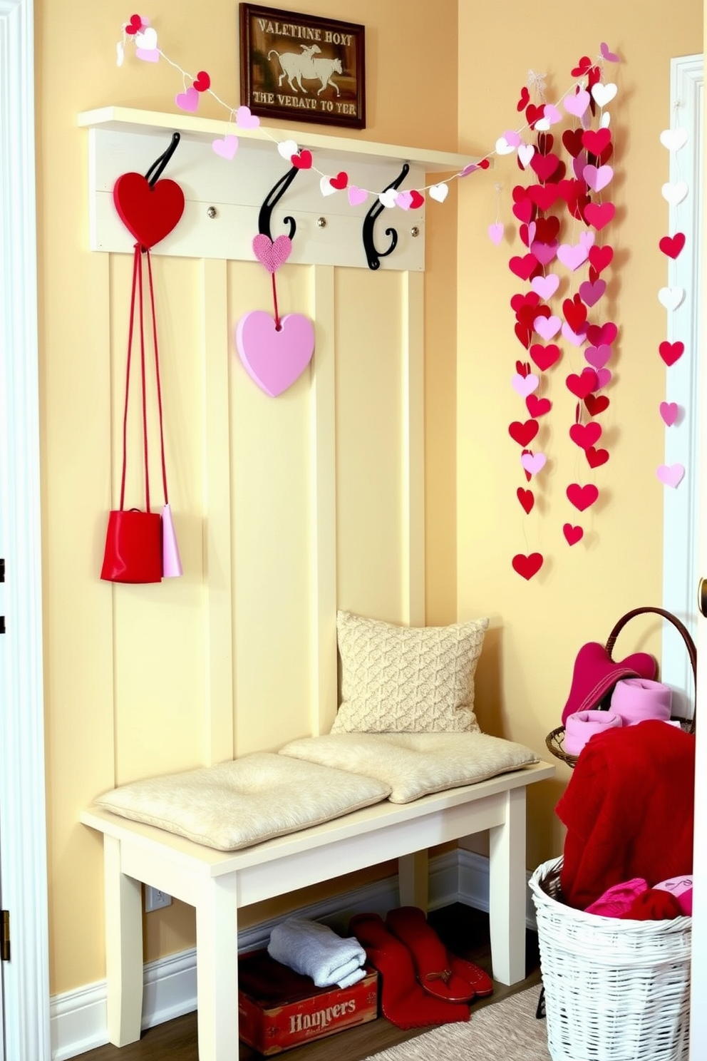 A charming mudroom adorned with Valentine's themed coat hangers, featuring heart-shaped designs in soft pastel colors. The walls are painted a warm cream, and a cozy bench with plush cushions invites guests to sit and remove their shoes. Delicate garlands of paper hearts drape across the room, creating a festive atmosphere. A decorative basket filled with red and pink throws sits beside the bench, adding a touch of warmth and comfort to the space.