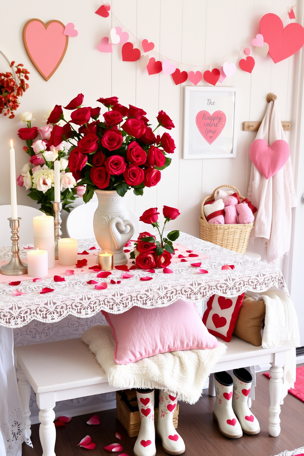 A romantic tabletop decor setting featuring an elegant lace tablecloth adorned with heart-shaped candles and delicate floral arrangements in soft pinks and whites. A charming centerpiece showcases a vintage-style vase filled with red roses, surrounded by scattered rose petals and twinkling fairy lights for a warm ambiance. A cozy mudroom decorated for Valentine's Day, showcasing a welcoming bench with plush red and white cushions. Heart-themed wall art and a garland of paper hearts hang above, while a basket filled with cozy blankets and a pair of heart-patterned boots complete the inviting look.