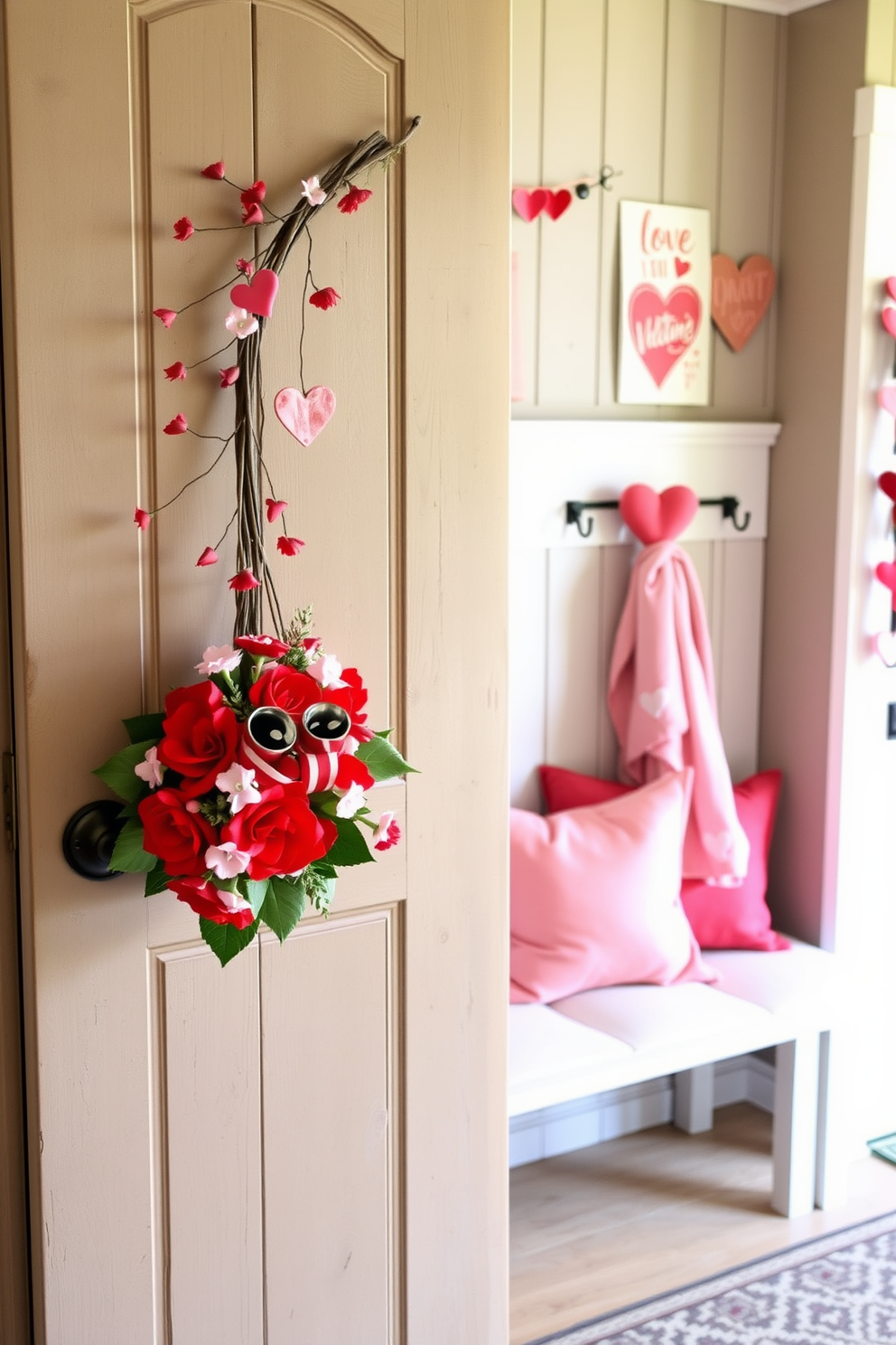 A charming Valentine's Day wreath adorned with red and pink flowers, heart-shaped decorations, and delicate greenery, hanging on a rustic wooden door. The wreath is complemented by a soft, warm light illuminating the entrance, creating an inviting atmosphere. A cozy mudroom decorated for Valentine's Day, featuring a bench with plush cushions in shades of pink and red. Heart-themed wall art and a garland of hearts drape across the hooks, while a patterned rug adds warmth to the space.