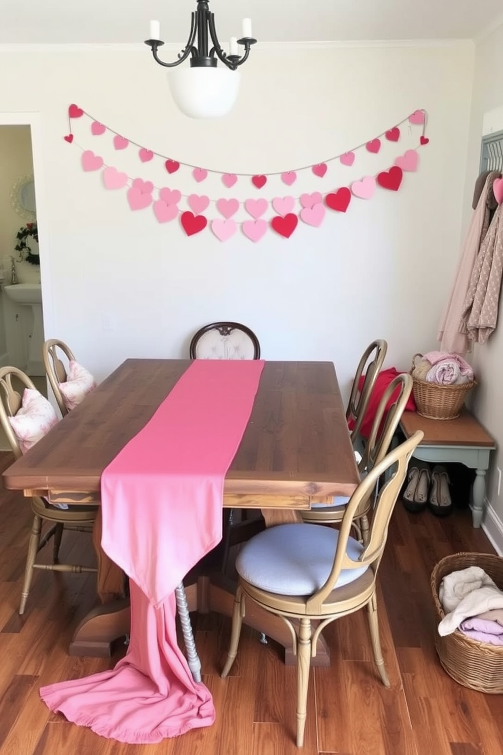 A heart-shaped table runner elegantly drapes over a rustic wooden dining table, creating a warm and inviting atmosphere. Surrounding the table are mismatched vintage chairs, each adorned with soft, pastel-colored cushions that enhance the romantic theme. In the mudroom, festive Valentine's Day decorations brighten the space, featuring a garland of heart-shaped cutouts strung across the wall. A charming bench, covered with a plush red throw, invites guests to sit and remove their shoes, while a basket filled with pink and red blankets adds a cozy touch.