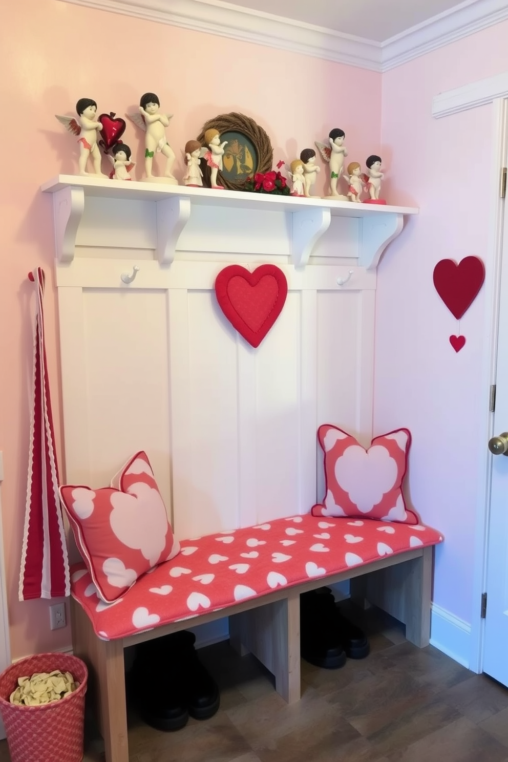 A charming mudroom adorned for Valentine's Day, featuring shelves lined with Cupid figurines in various sizes, each delicately crafted and positioned to create a whimsical display. The walls are painted a soft pastel pink, and a cozy bench with heart-patterned cushions invites guests to sit and remove their shoes, adding to the festive atmosphere.