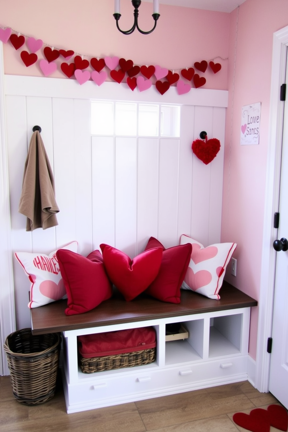 A cozy mudroom decorated for Valentine's Day features a bench adorned with heart-patterned throw pillows in shades of red and pink. The walls are painted a soft pastel color, and a festive garland of hearts hangs above the bench, creating a warm and inviting atmosphere.