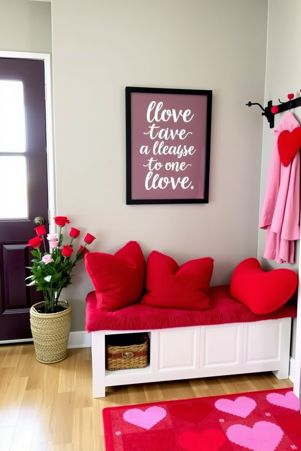 A charming mudroom decorated for Valentine's Day features a large love quote framed art piece prominently displayed on the wall. The space is adorned with heart-themed accents, including a cozy bench with plush red and pink cushions, and a vibrant rug that adds warmth and color.