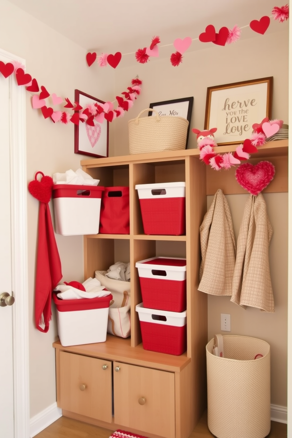 A cozy mudroom featuring red and white storage bins neatly arranged on wooden shelves. The walls are adorned with festive Valentine's Day decorations, including heart-shaped garlands and cheerful artwork.