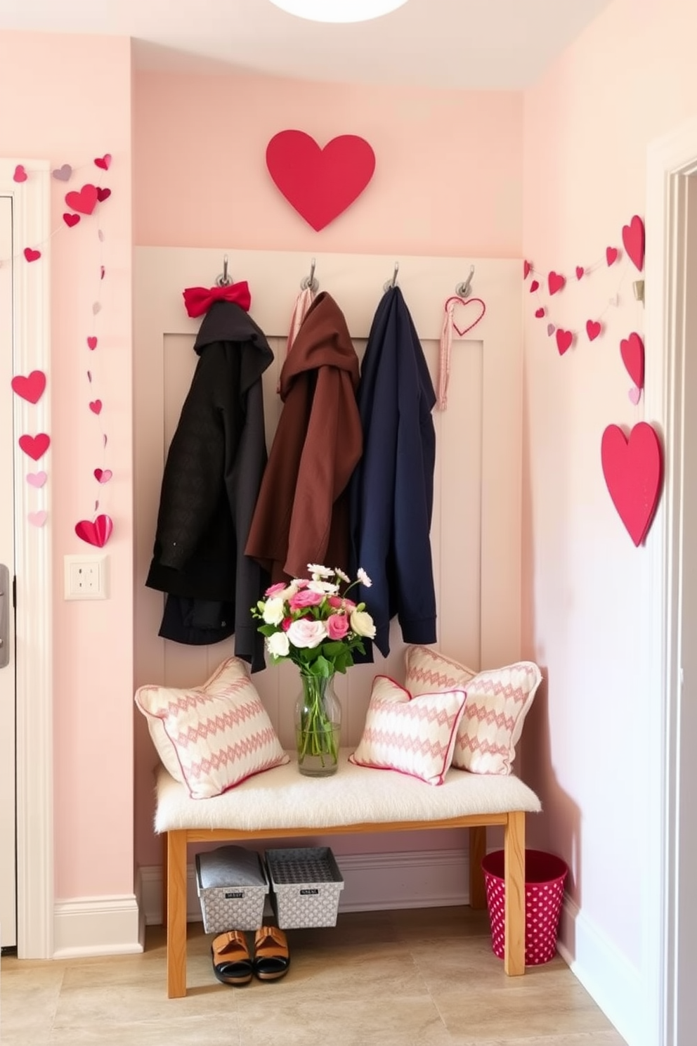 A charming mudroom adorned with heart-shaped hooks for coats, adding a whimsical touch to the space. The walls are painted in soft pastel colors, and a cozy bench with plush cushions invites guests to sit and remove their shoes. Valentine's Day decorations enhance the atmosphere, featuring garlands of hearts draped along the walls and cheerful throw pillows on the bench. A small table displays a vase filled with fresh flowers, creating a warm and inviting entryway.