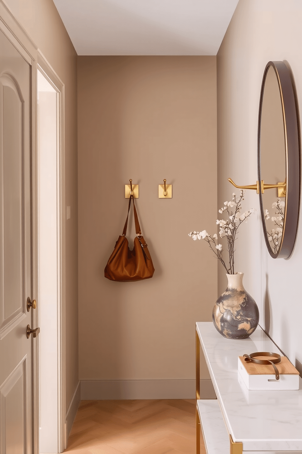 A narrow entryway features sleek wall hooks crafted from brushed brass, providing a stylish yet functional space for bags and accessories. The walls are painted in a soft, welcoming hue, complemented by a minimalist console table that offers additional storage and a decorative touch.