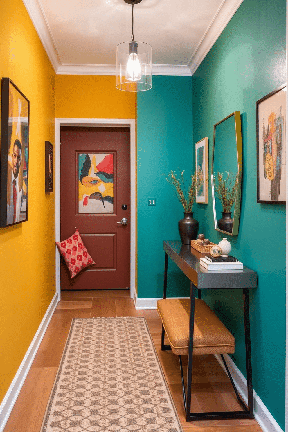 A vibrant entryway featuring colorful wall paint in shades of teal and mustard yellow, creating a bold statement that energizes the space. The walls are adorned with abstract art pieces, and a sleek console table with a modern design sits against the wall, topped with decorative items and a stylish mirror. The narrow entryway is illuminated by a chic pendant light, enhancing the sense of space and style. A runner rug with geometric patterns adds warmth underfoot, while a small bench provides a functional seating area for convenience.