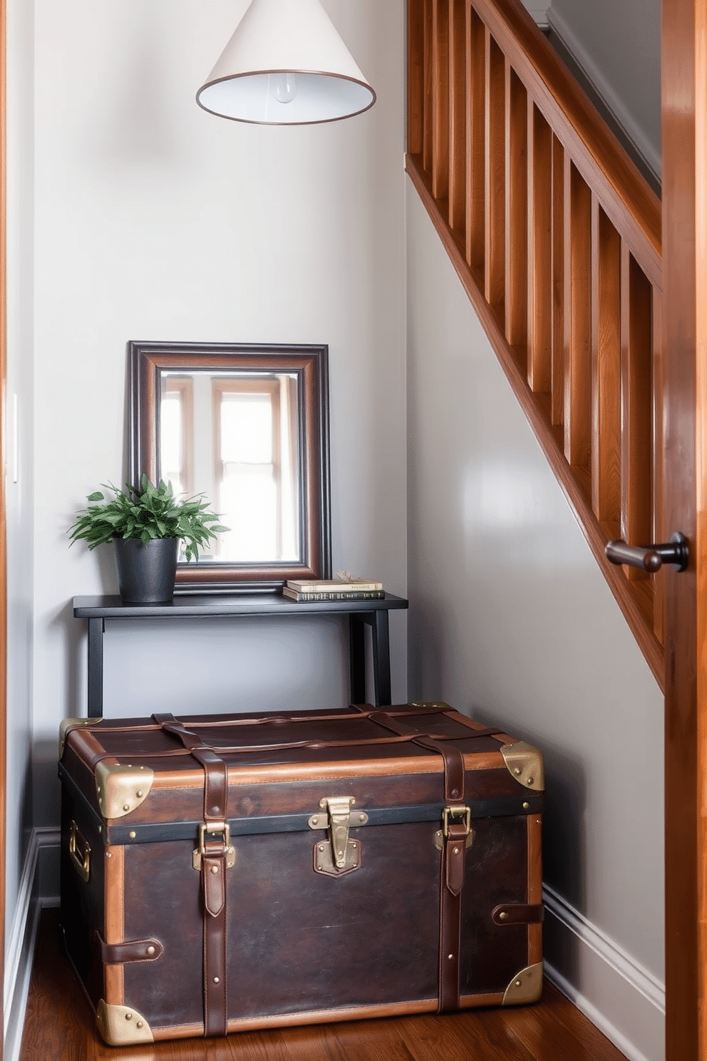 A vintage trunk sits elegantly in the narrow entryway, serving as a unique storage solution while adding character to the space. The trunk is adorned with leather straps and brass accents, complementing the warm wood tones of the surrounding decor. The entryway features a narrow console table against the wall, topped with a stylish mirror and a small potted plant. Soft, ambient lighting from a pendant fixture highlights the trunk and creates an inviting atmosphere.