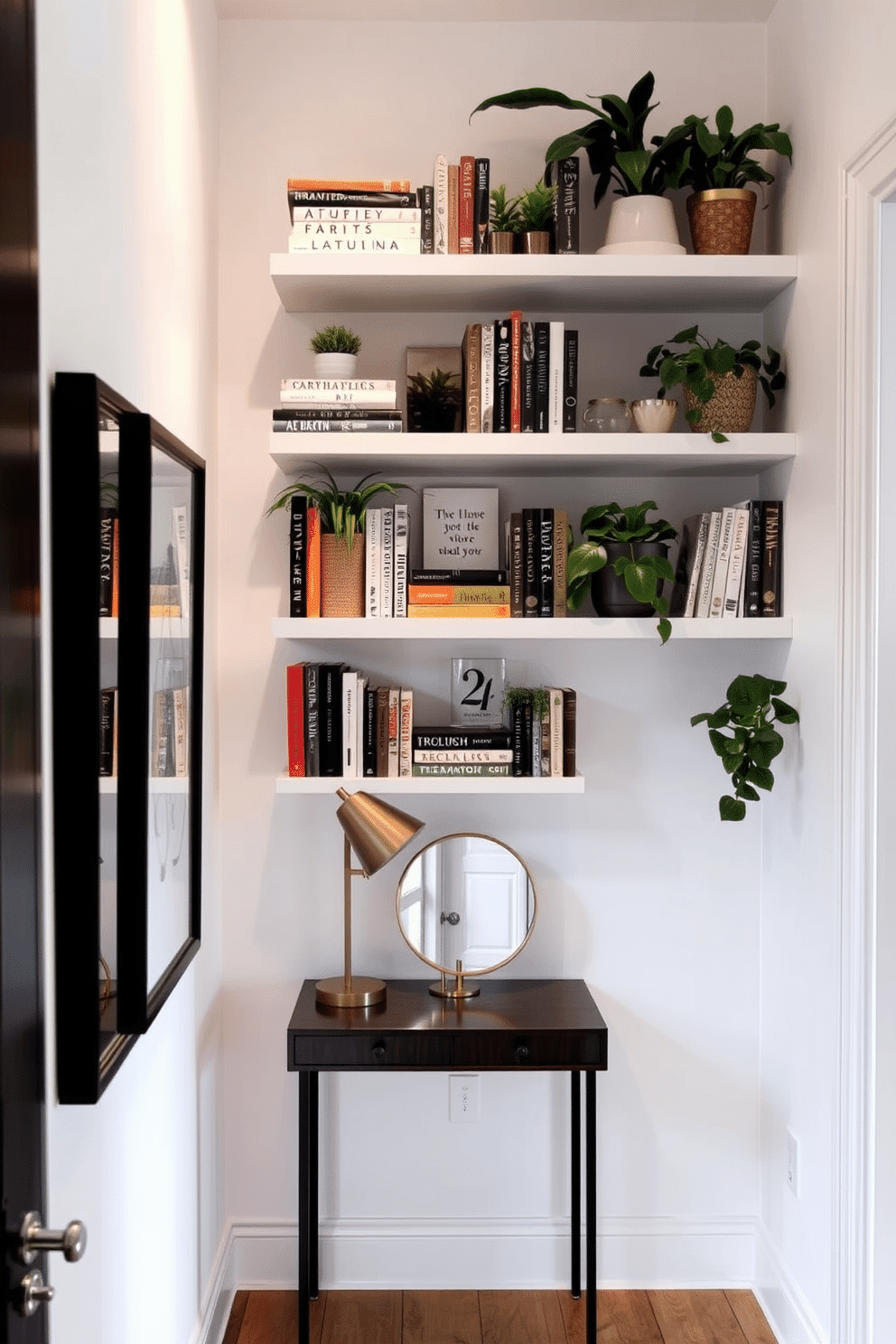 A narrow entryway features wall-mounted shelves that provide stylish decorative storage. The shelves are adorned with a curated selection of books, plants, and decorative objects, creating an inviting atmosphere. The walls are painted in a soft, neutral tone to enhance the sense of space. A sleek console table sits beneath the shelves, topped with a chic lamp and a small mirror to reflect light and add depth.