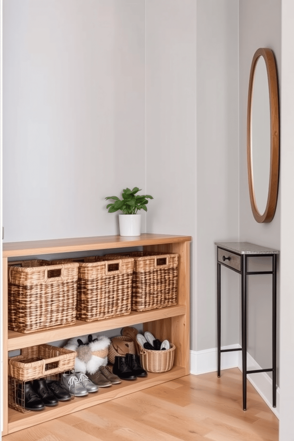 A stylish narrow entryway features a row of woven baskets neatly arranged on a wooden shelf, providing organized shoe storage. The walls are painted in a soft gray, and a small potted plant adds a touch of greenery to the space. Incorporate a slim console table against one wall, adorned with a decorative mirror above it. The floor is finished with light hardwood, complementing the overall airy and inviting atmosphere of the entryway.