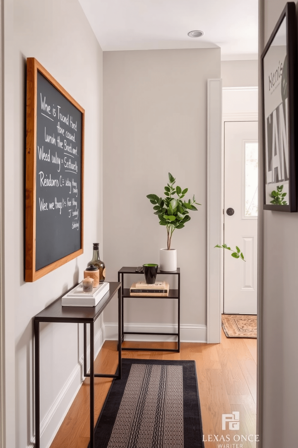 A stylish narrow entryway features a framed chalkboard mounted on the wall, perfect for jotting down notes and reminders. The floor is adorned with a sleek runner rug, and a small console table holds decorative items and a potted plant for a welcoming touch.