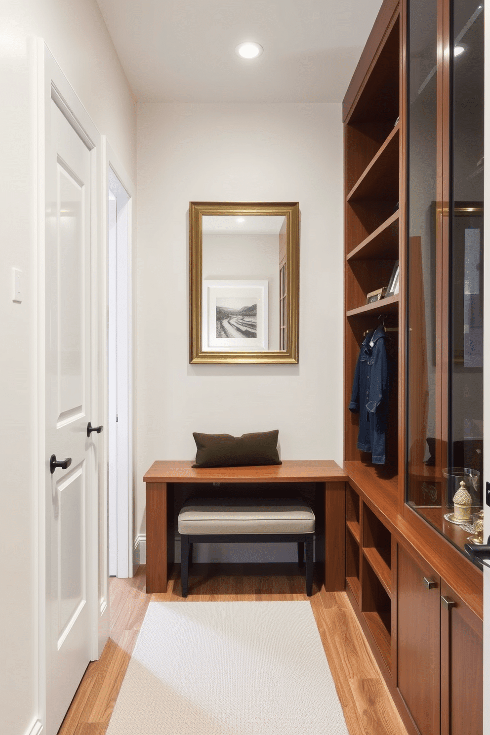 A narrow entryway features custom built-ins that maximize storage while maintaining a sleek aesthetic. The built-ins include a combination of shelves and cubbies, finished in a warm wood tone, with a stylish bench below for seating. The walls are adorned with a soft, neutral paint color, enhancing the sense of space. A statement mirror hangs above the bench, reflecting light and adding depth to the entryway.