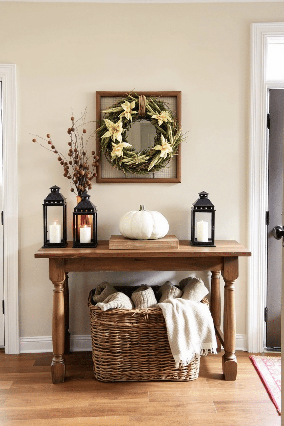 A warm and inviting entryway adorned with seasonal decor. A rustic console table is topped with a pumpkin arrangement for fall, flanked by lanterns that cast a soft glow. The walls are painted in a soft beige, enhancing the natural light from a nearby window. A woven basket filled with cozy blankets sits underneath the table, adding both functionality and charm.