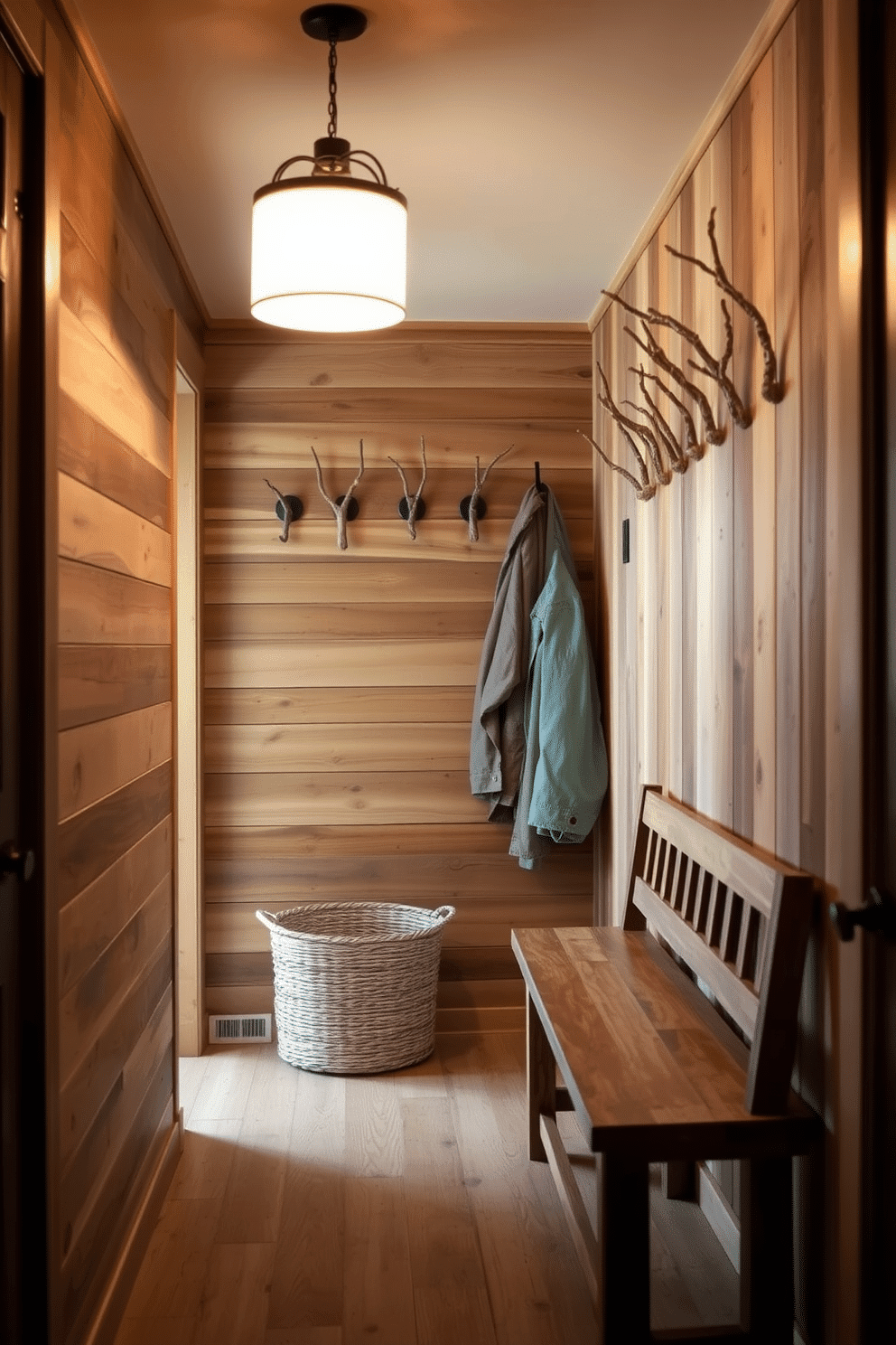 A narrow entryway featuring natural wood elements creates a warm and inviting atmosphere. The walls are adorned with reclaimed wood paneling, and a rustic wooden bench sits against one side, complemented by a woven basket for storage. A series of hooks made from branches is mounted on the wall, providing a practical yet stylish solution for hanging coats and bags. Soft, ambient lighting from a pendant lamp enhances the warmth of the wood, making the space feel cozy and welcoming.