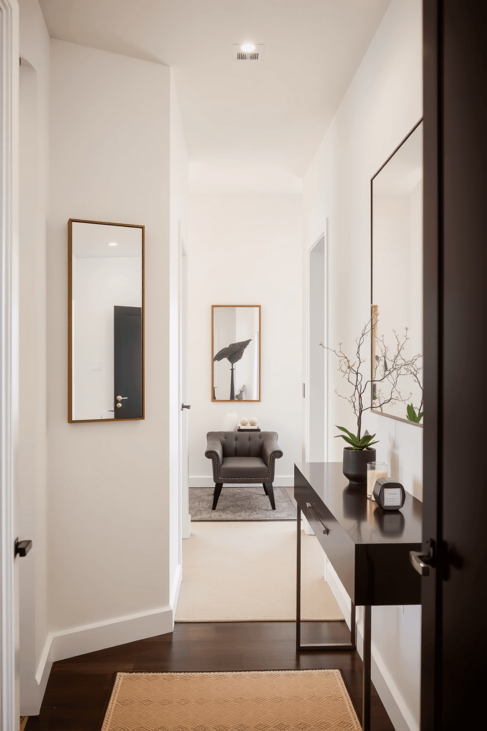 A narrow entryway featuring functional mirrors that enhance the sense of space. The walls are painted in a soft, light color, and a sleek console table is positioned against one side, adorned with decorative items and a small potted plant.