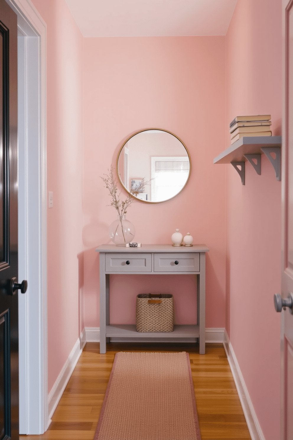 A cohesive color palette unifies the entryway, featuring soft pastels that blend harmoniously. The walls are painted in a gentle blush, complemented by a pale gray console table adorned with decorative accents. In the narrow entryway, a slim runner rug adds warmth and texture, while wall-mounted shelves provide functional storage without taking up floor space. A round mirror above the console table enhances the sense of openness, reflecting light and creating an inviting atmosphere.