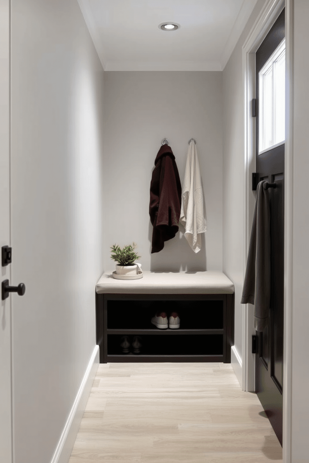 A narrow entryway features a sleek, minimalist bench with hidden shoe storage underneath, seamlessly blending functionality and style. The walls are adorned with a soft, neutral paint, and a small potted plant adds a touch of greenery to the space.