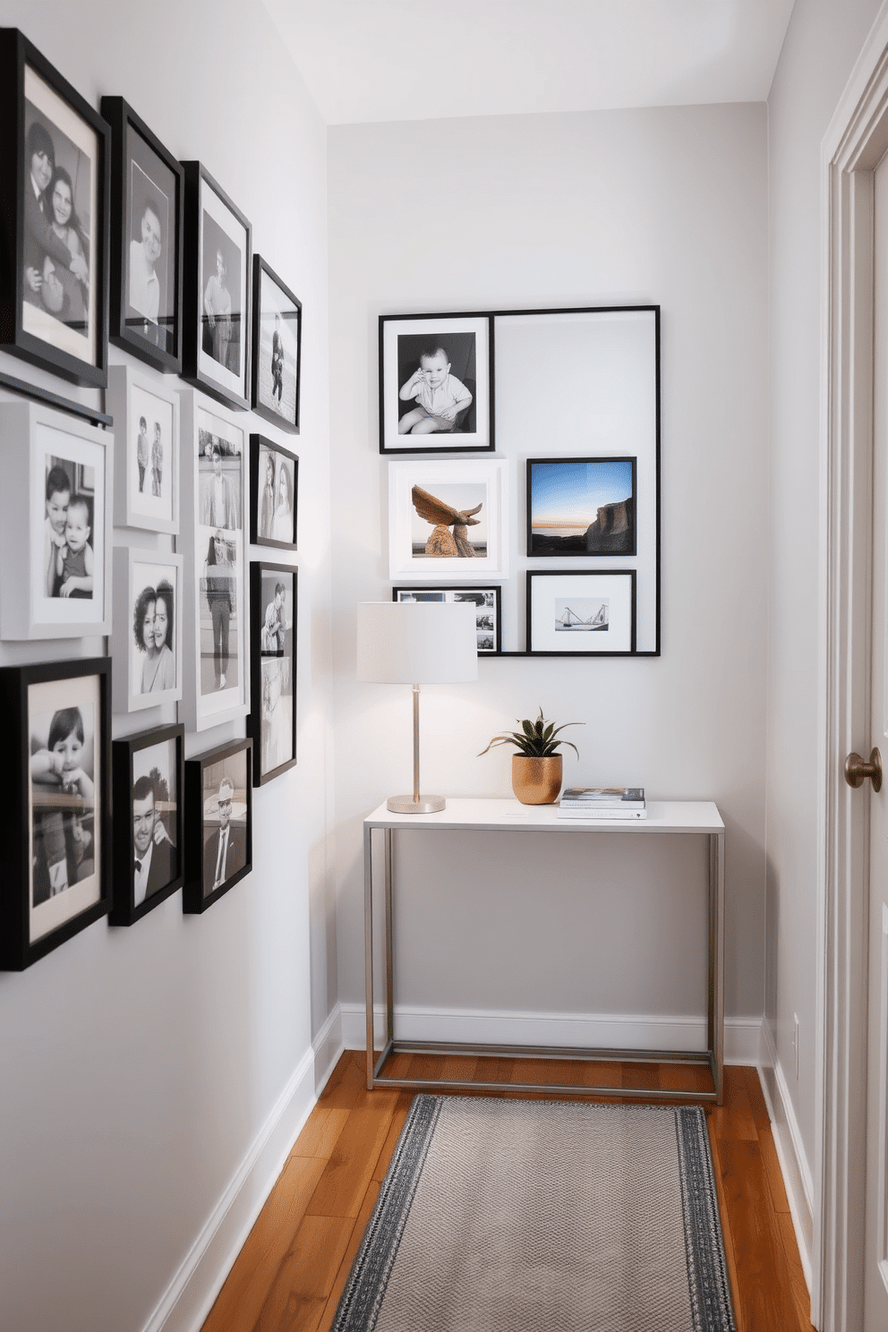 A gallery wall of framed photos showcases a curated collection of black-and-white family portraits and vibrant travel snapshots. The frames vary in size and style, adding an eclectic yet cohesive feel, against a soft gray backdrop that enhances the artwork. The narrow entryway features a sleek console table with a minimalist design, topped with a stylish lamp and a small potted plant. A large mirror hangs above the table, creating an illusion of space and reflecting light, while a narrow runner rug adds warmth and texture to the floor.