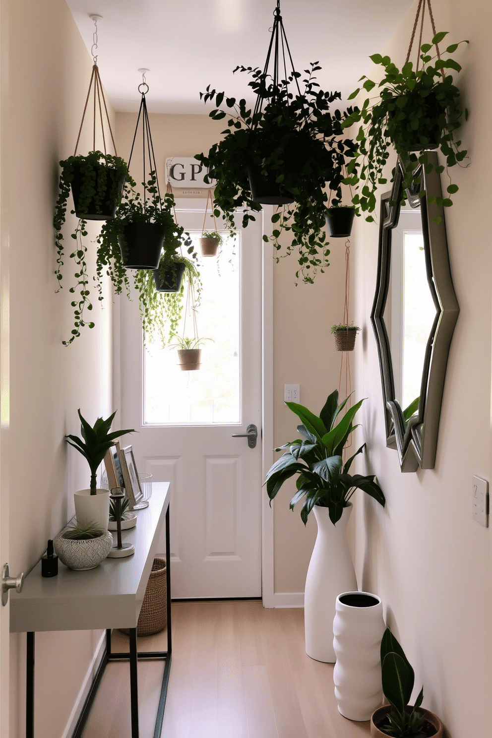 A narrow entryway adorned with hanging plants creates a vibrant and inviting atmosphere. The walls are painted in a soft, neutral tone, while a sleek console table with a modern design rests against one side, topped with decorative items and a small potted plant. To enhance the space, consider using various types of hanging planters at different heights, filled with lush greenery. A stylish mirror with a unique frame is mounted on the opposite wall, reflecting the natural light and making the entryway feel larger and more open.