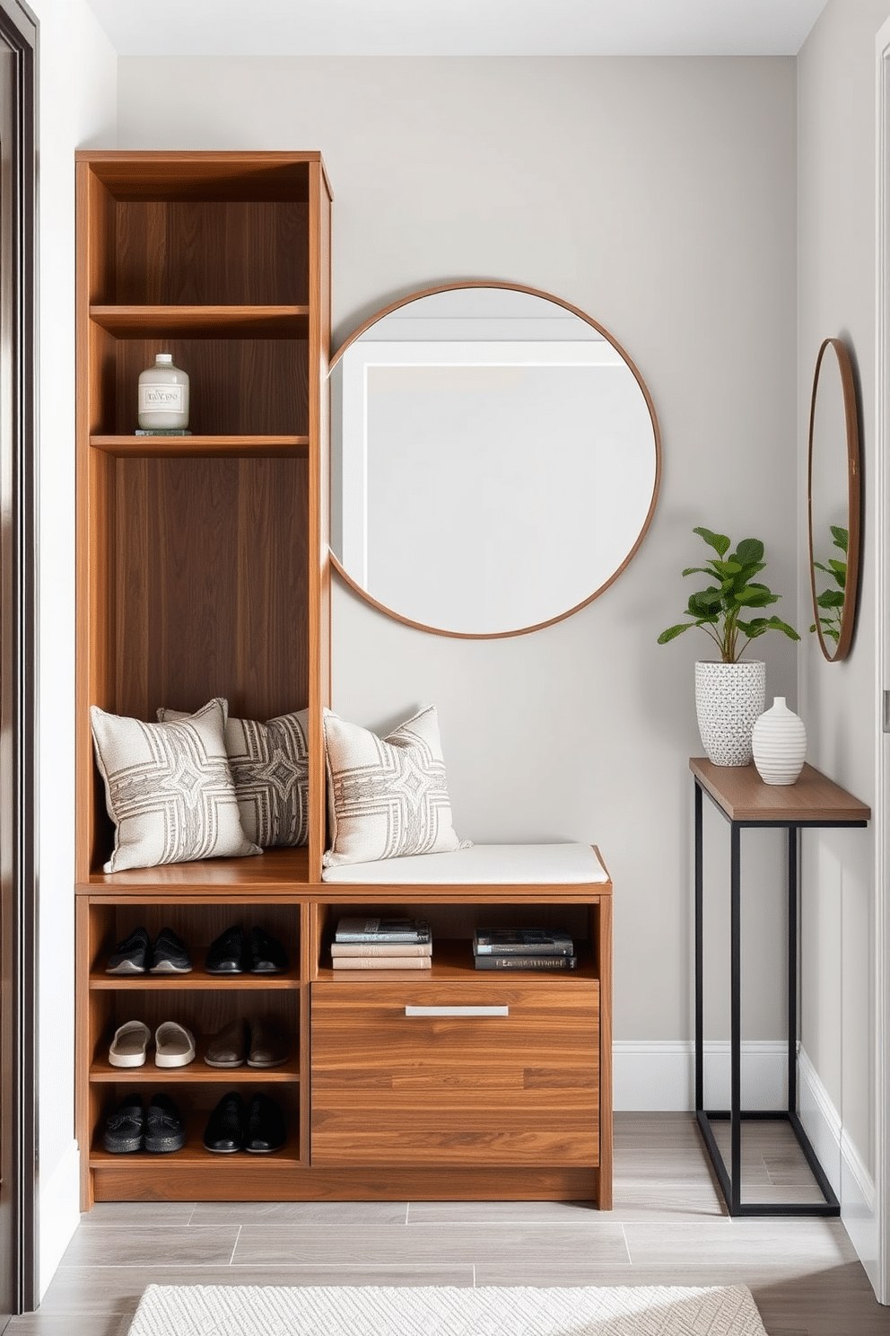 A stylish multi-functional entryway cabinet with integrated seating features a sleek design in a warm wood finish. The cabinet includes ample storage with open shelves for shoes and a cushioned bench adorned with decorative pillows, creating a welcoming atmosphere. In a narrow entryway, a minimalist approach is taken with a slim console table against the wall. Above the table, a large round mirror reflects natural light, while a small potted plant adds a touch of greenery, enhancing the space's overall charm.