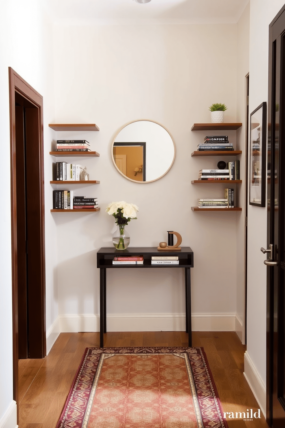 A narrow entryway features sleek floating shelves mounted on the wall, displaying an array of books and decorative items. The floor is adorned with a stylish runner, and a small console table with a vase of fresh flowers adds a welcoming touch. The walls are painted in a soft, neutral tone, enhancing the sense of space and light. A round mirror above the console reflects the warmth of the entryway, creating an inviting atmosphere.