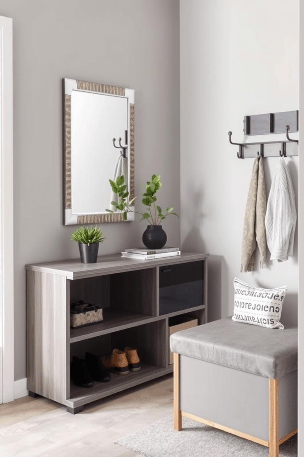 A stylish narrow foyer features a sleek console table with integrated storage, adorned with a decorative mirror above it. The walls are painted in a soft gray, and a small potted plant adds a touch of greenery to the space. Incorporating multi-functional furniture, the foyer includes a bench with hidden storage underneath, perfect for shoes and bags. A wall-mounted coat rack complements the design, keeping the area organized and clutter-free.