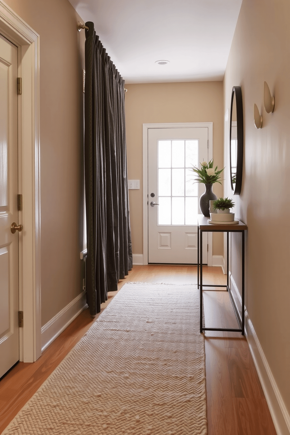 A narrow foyer featuring a warm, inviting atmosphere with a soft, textured runner rug that adds comfort underfoot. The walls are painted in a soft beige, complemented by a stylish console table adorned with decorative items and a small potted plant.