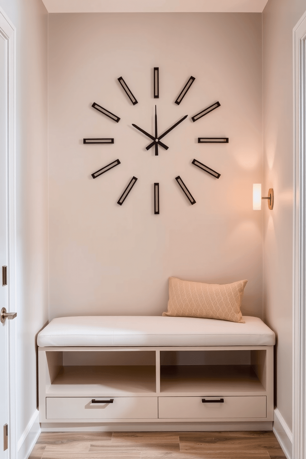 Artistic wall clock as statement piece. A large, abstract wall clock with a unique design serves as the focal point above a sleek console table. Narrow foyer design ideas. The space features a minimalist bench with built-in storage, flanked by stylish wall-mounted sconces that illuminate the entryway.