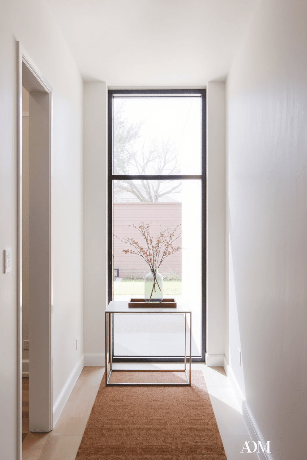 A narrow foyer featuring a sleek glass door that invites natural light and enhances the sense of openness. The walls are adorned with soft, neutral tones, complemented by a minimalist console table that serves as a stylish entryway piece.