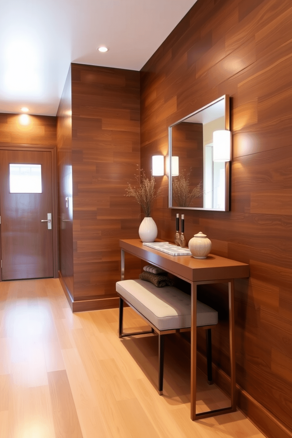 A narrow foyer features an accent wall adorned with rich wood paneling, creating a warm and inviting atmosphere. The floor is laid with light-colored hardwood, complemented by a sleek console table against the wall, adorned with decorative objects and a stylish mirror above. Soft, ambient lighting illuminates the space, highlighting the texture of the wood paneling. A small bench with plush cushions sits opposite the console table, providing a cozy spot for guests to sit while removing their shoes.